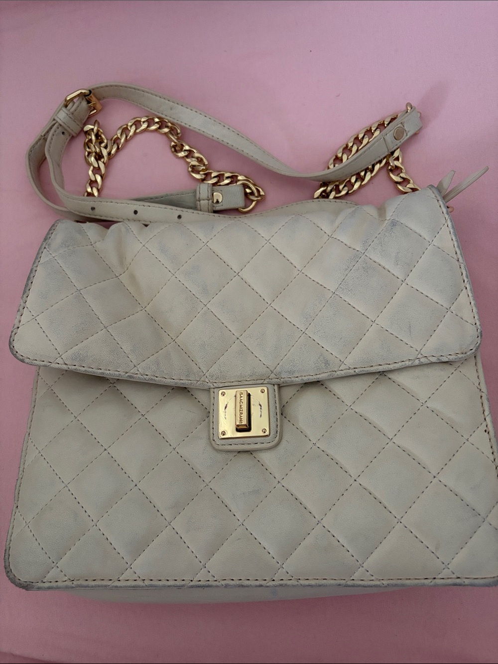 Quilted Leather Gold Chain Shoulder Bag in Light Gray/Cream